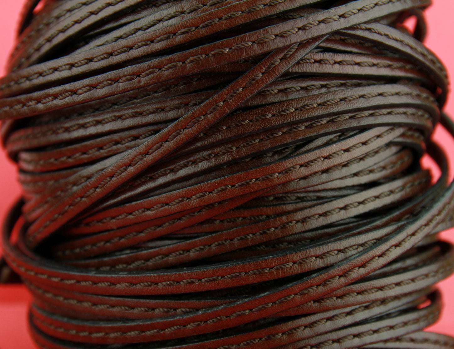 MADE in EUROPE 1 yard of 5mm brown stitched leather cord, genuine leather 5mm stitched strip, brown flat leather cord (4837/05MAR)