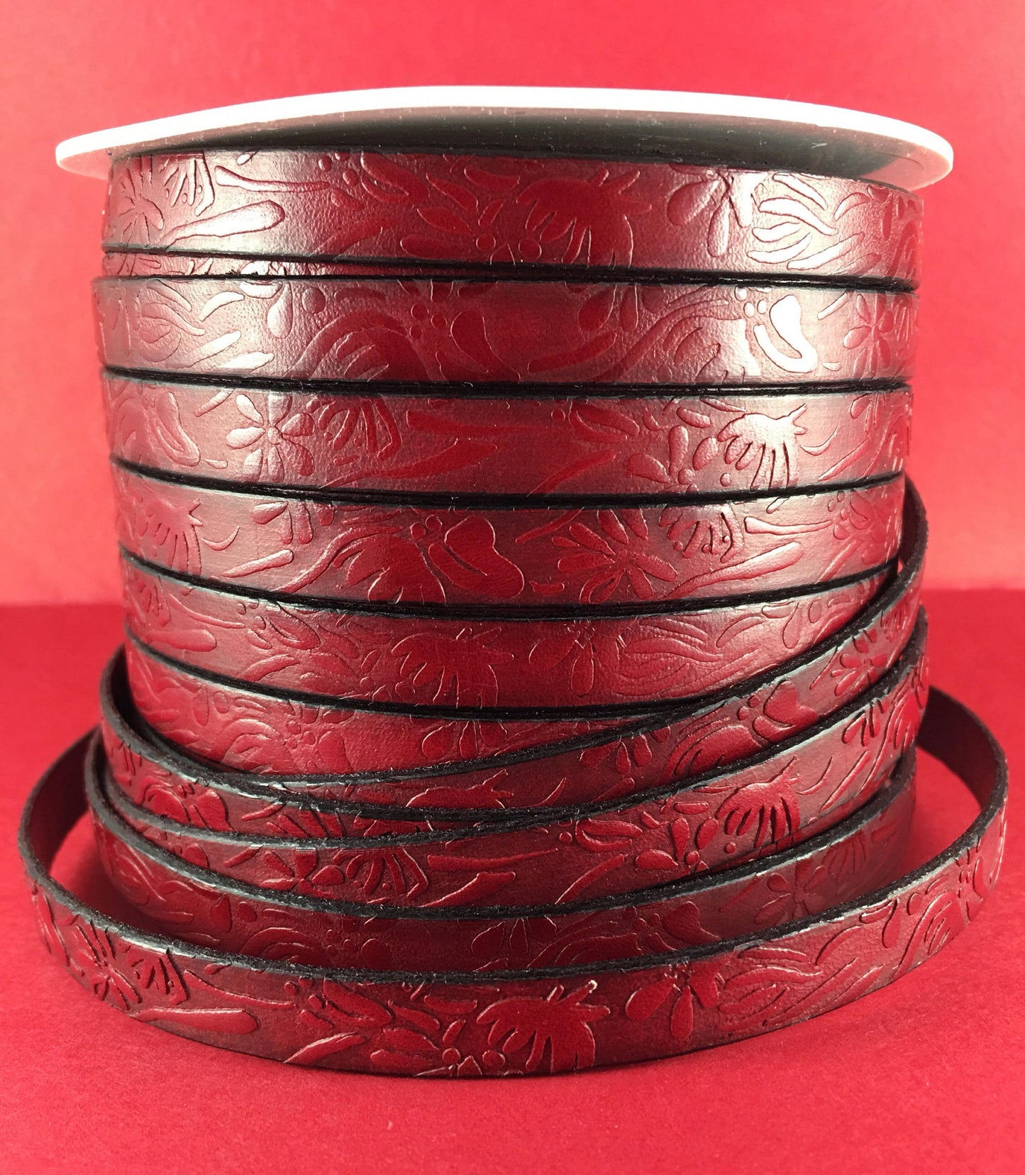 MADE in EUROPE 24" flat leather cord, 10mm leather cord, dark red embossed leather cord (509/10/27)