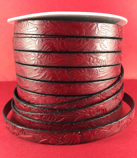 MADE in EUROPE 24" flat leather cord, 10mm leather cord, dark red embossed leather cord (509/10/27)