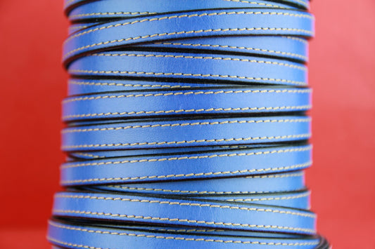 MADE IN SPAIN 24" flat stitched leather cord, light blue 10mm flat leather cord, 10mm stitched leather cord (240/10/28)