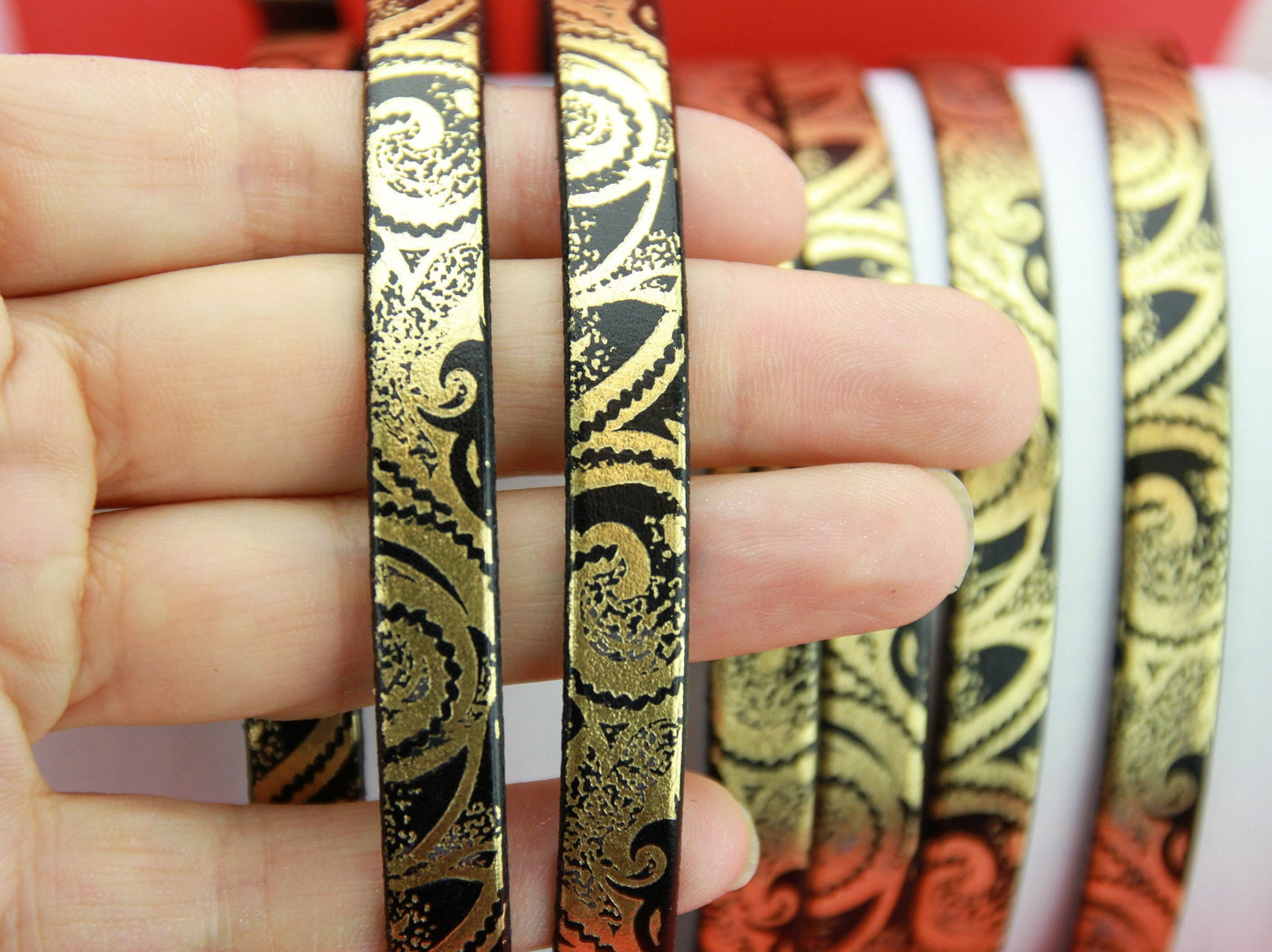 MADE in SPAIN 24" flat leather cord, black engraved leather cord with gold pattern (504/01G)