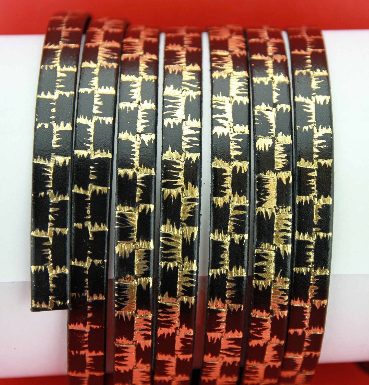 MADE in SPAIN 24" flat leather cord, black engraved leather cord with gold pattern (506/10)