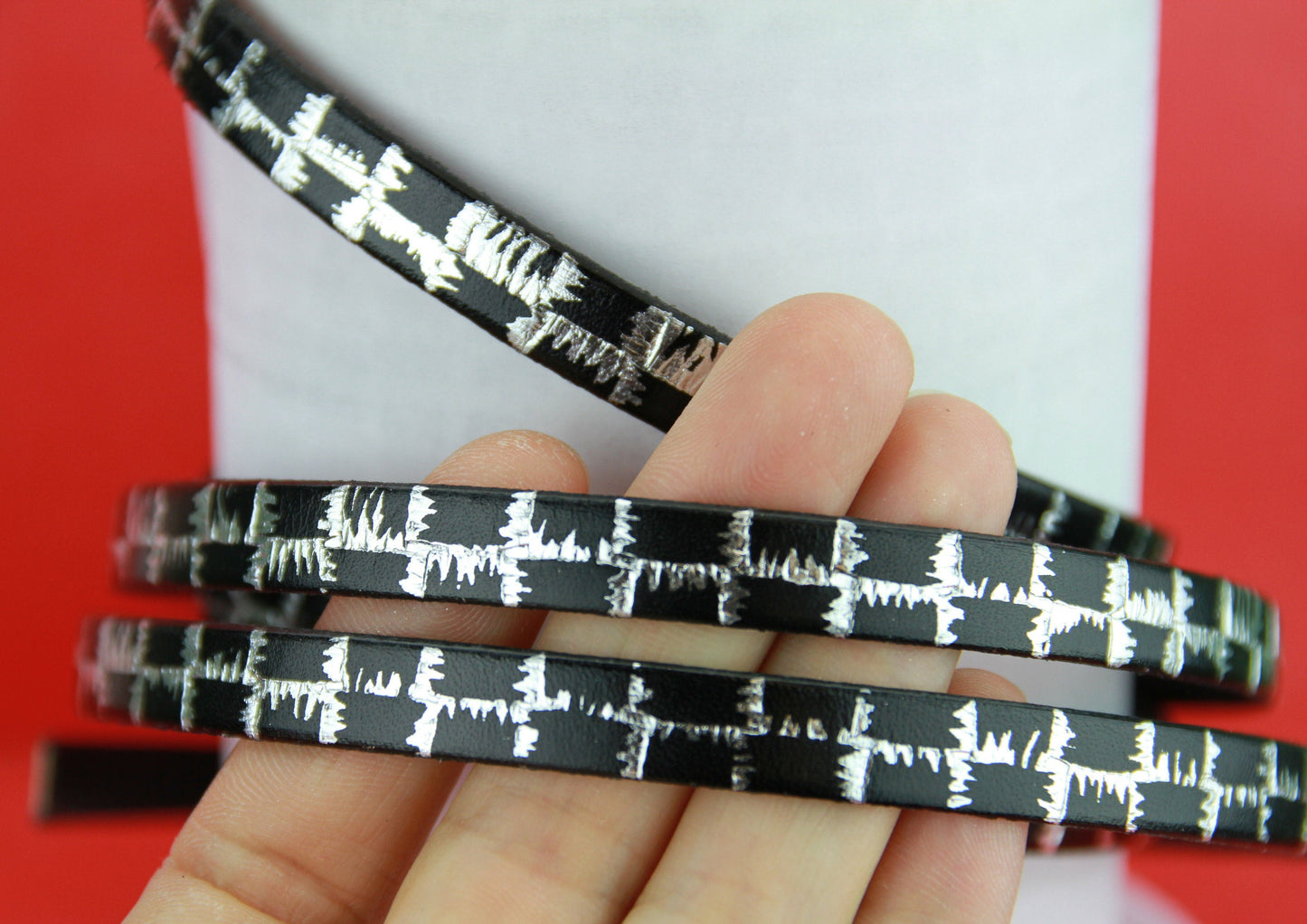 MADE in SPAIN 24" flat leather cord, black engraved leather cord with gold pattern (506/10)