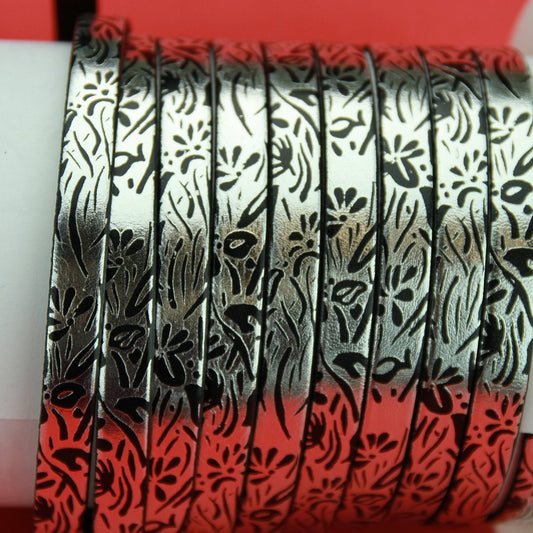 MADE in SPAIN 24" flat leather cord, silver engraved leather cord with floral pattern (510/10)