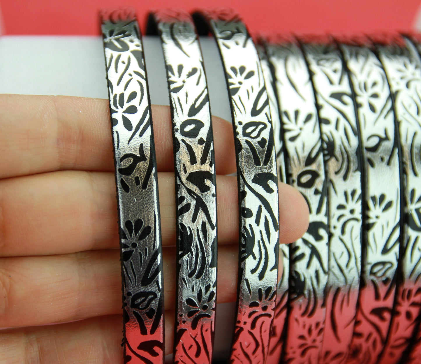 MADE in SPAIN 24" flat leather cord, silver engraved leather cord with floral pattern (510/10)