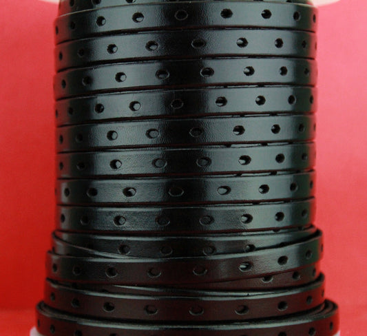 MADE IN SPAIN 24" perforated 10mm leather cord, perforated black leather cord, 10mm plain leather cord
