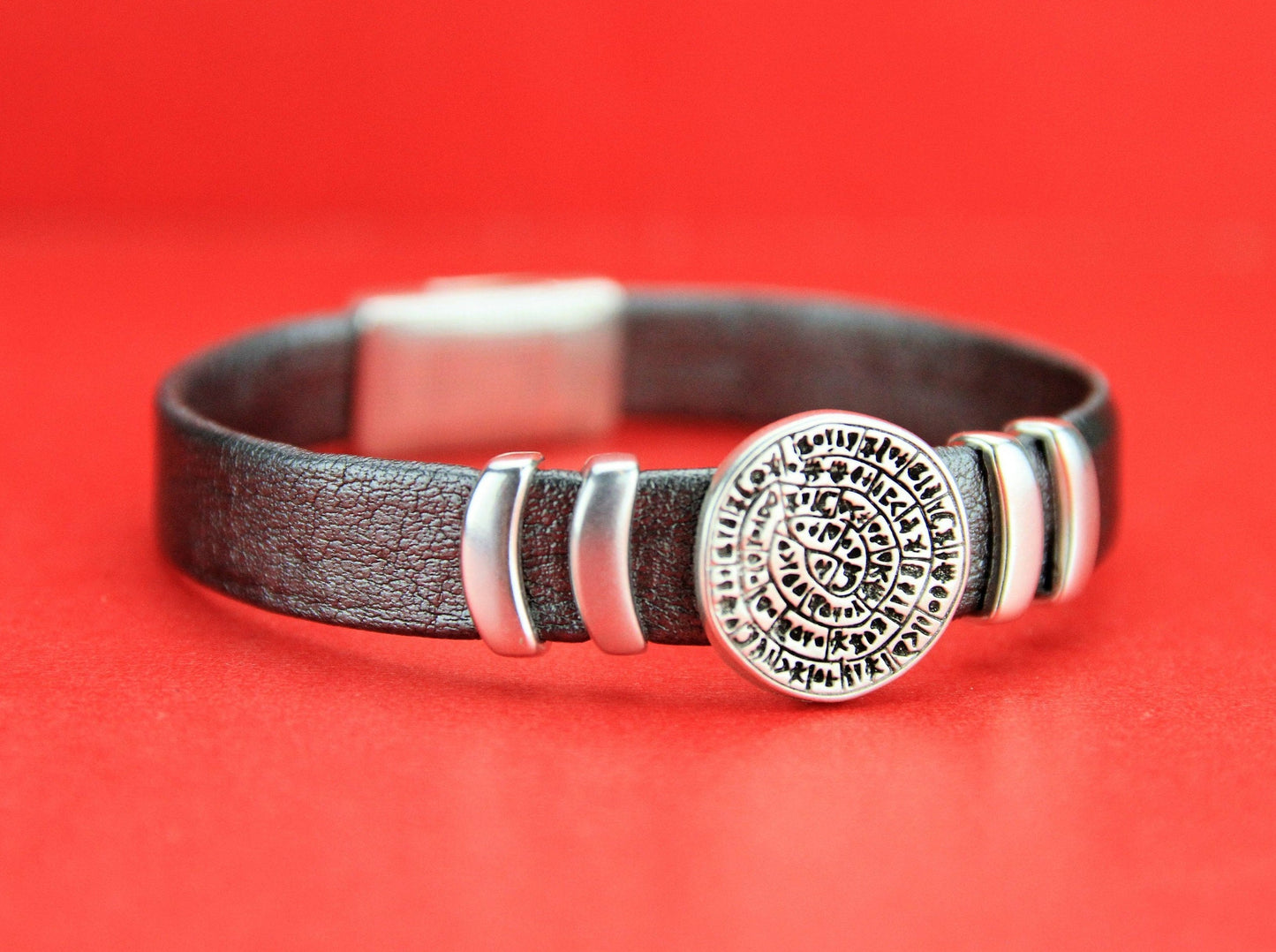 FS0028>>MADE in EUROPE 2 zamak 10mm sliders, disk of Phaistos slider, 10mm leather cord slider, zamak greek sliders Qty2