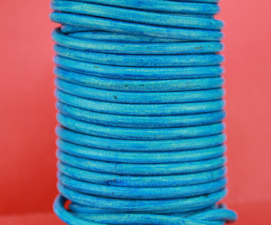 MADE in EUROPE 24" round turquoise leather cord, genuine leather cord, distressed turquoise round leather cord (5MS321)