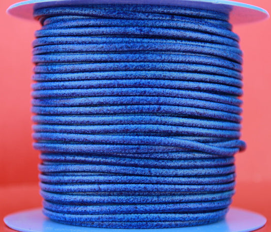 MADE in EUROPE 2 yards of 3mm distressed royal blue round leather cord, 3mm vintage royal blue leather cord (3ANIAZROY)