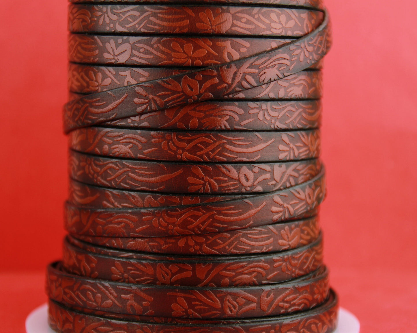 MADE in EUROPE 24" flat leather cord, 10mm leather cord, cognac embossed leather cord (509/10/26)