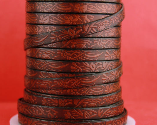MADE in EUROPE 24" flat leather cord, 10mm leather cord, cognac embossed leather cord (509/10/26)