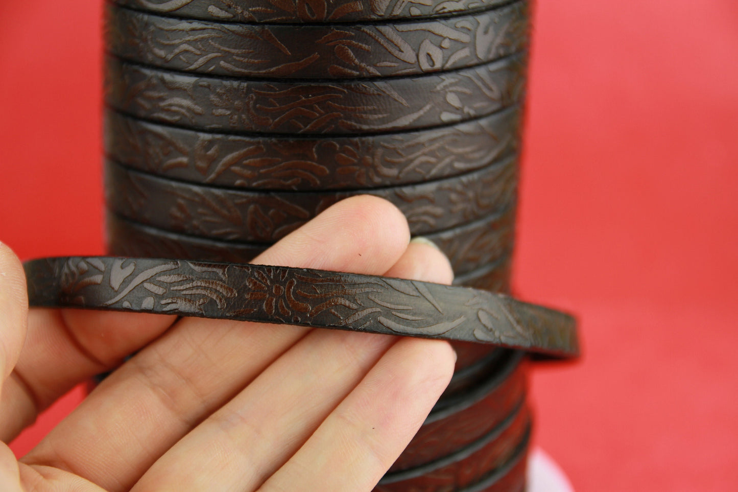 MADE in EUROPE 24" flat leather cord, embossed 10mm dark brown leather cord, genuine leather cord (509/10/37)