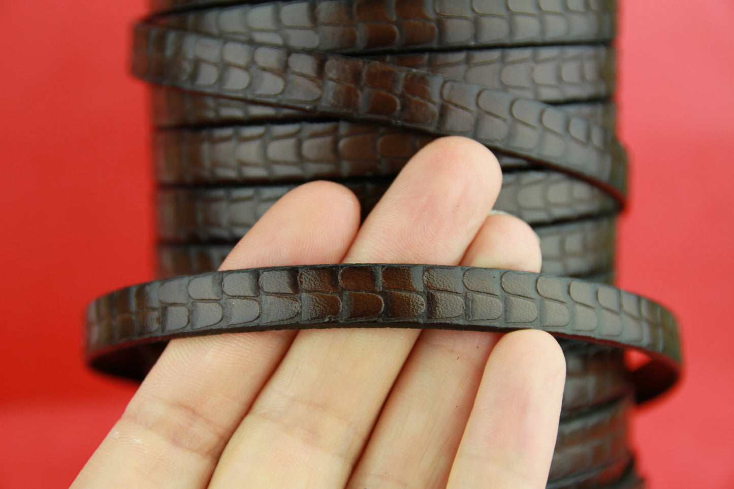 MADE in EUROPE 24" flat leather cord, embossed 10mm dark brown leather cord, genuine leather cord (511/10/37)