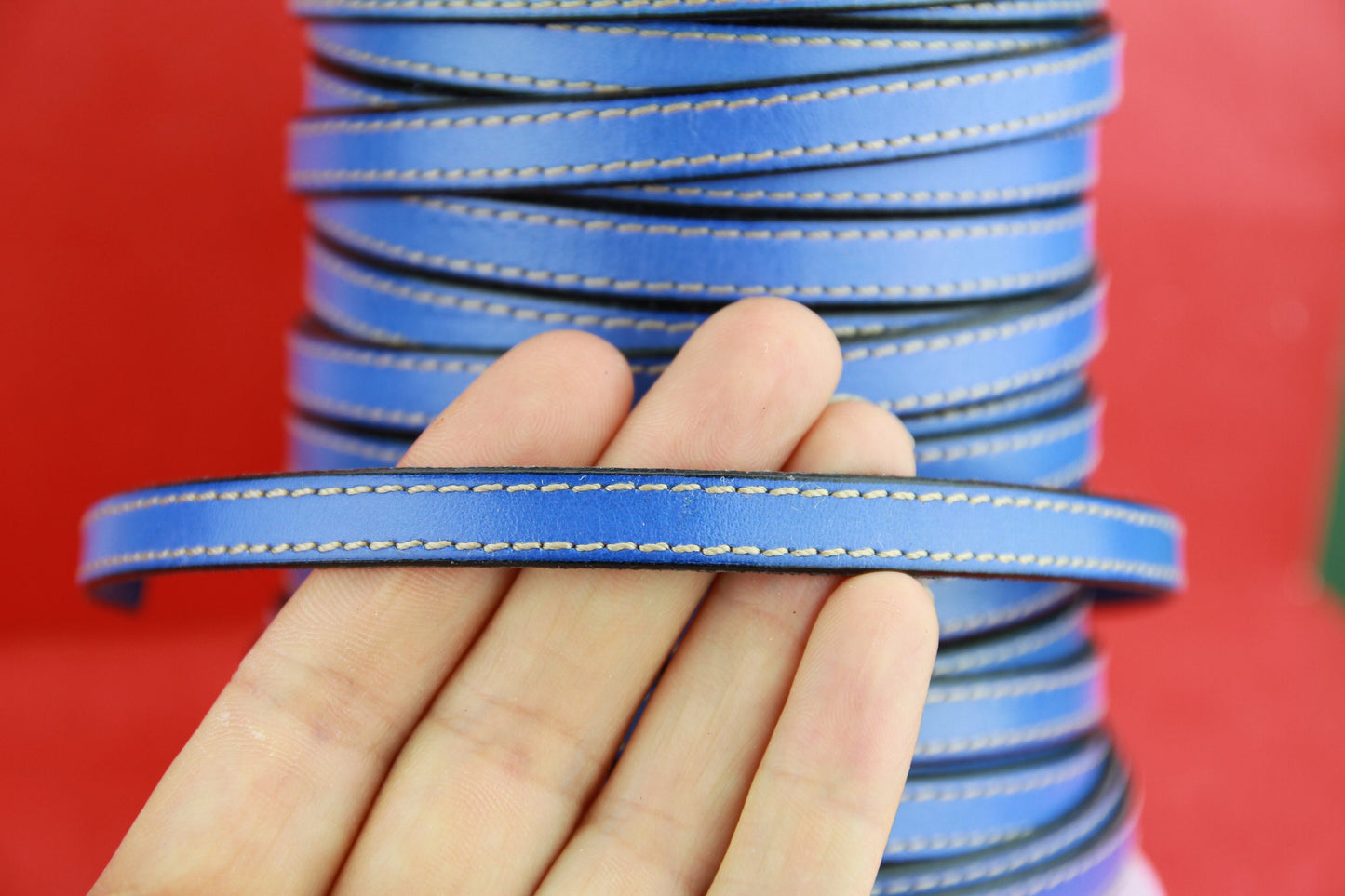 MADE IN SPAIN 24" flat stitched leather cord, light blue 10mm flat leather cord, 10mm stitched leather cord (240/10/28)