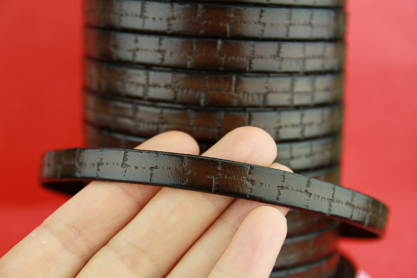MADE in EUROPE 24" flat leather cord, embossed 10mm dark brown leather cord, genuine leather cord