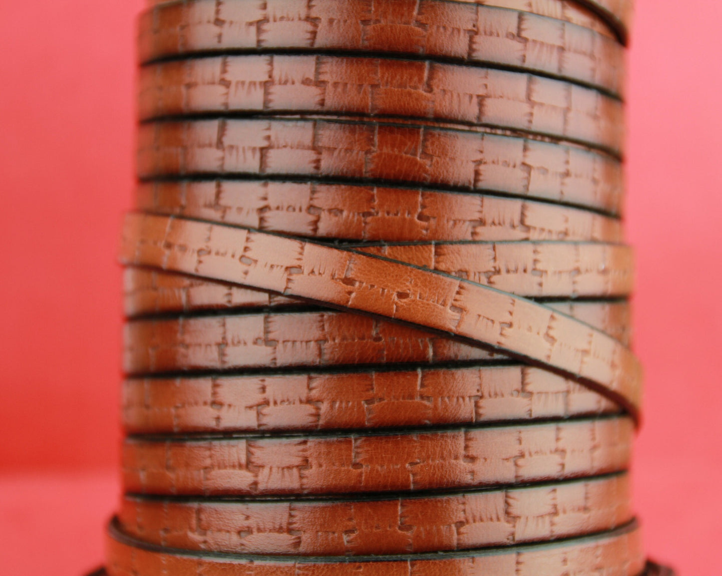 MADE in EUROPE 24" flat leather cord, 10mm leather cord, cognac embossed leather cord (505/10/26)