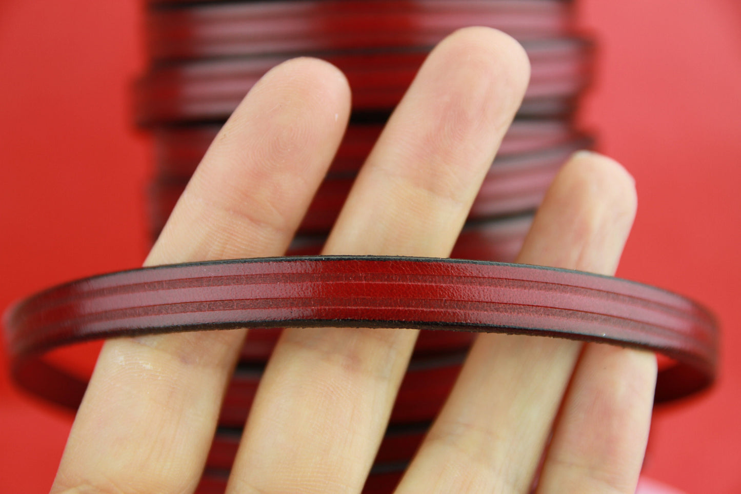 MADE in EUROPE 24" flat leather cord, 10mm leather cord, dark red embossed leather cord (497/10/27)