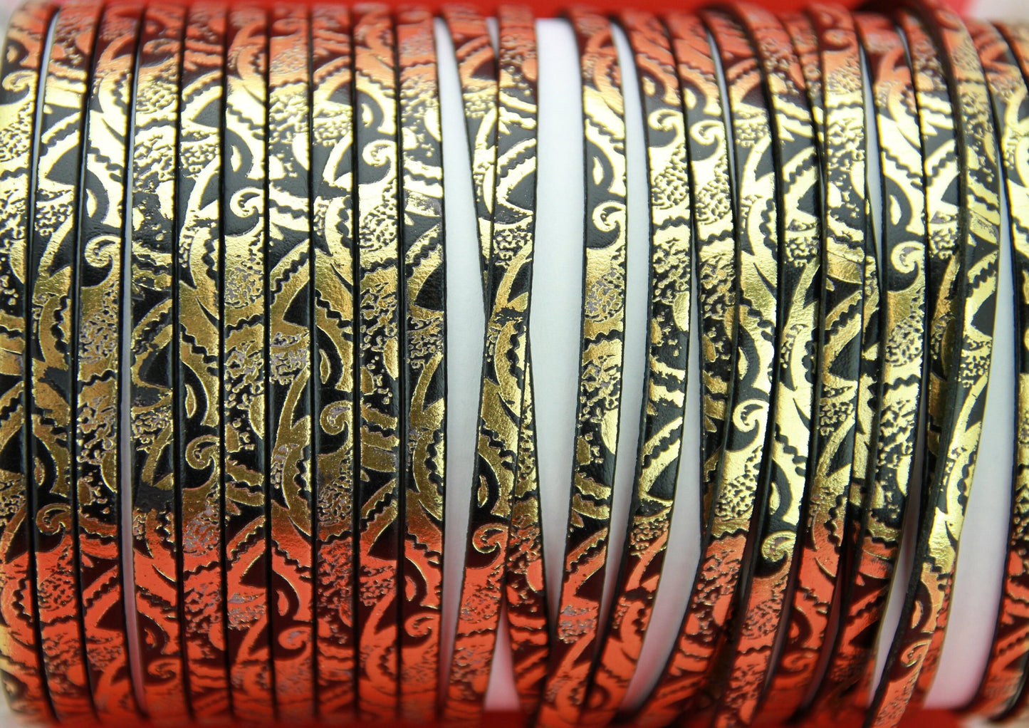 MADE in SPAIN 24" flat leather cord, black engraved leather cord with gold pattern (504/01G)