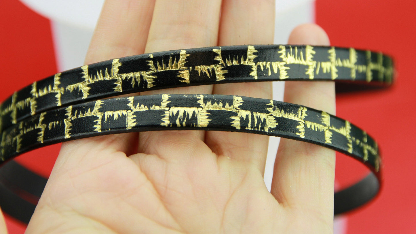 MADE in SPAIN 24" flat leather cord, black engraved leather cord with gold pattern (506/10)