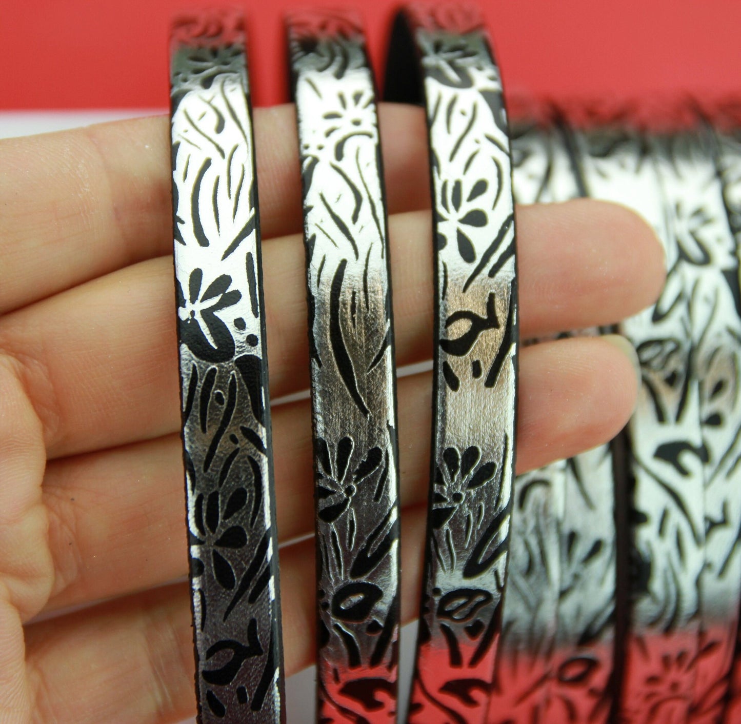 MADE in SPAIN 24" flat leather cord, silver engraved leather cord with floral pattern (510/10)