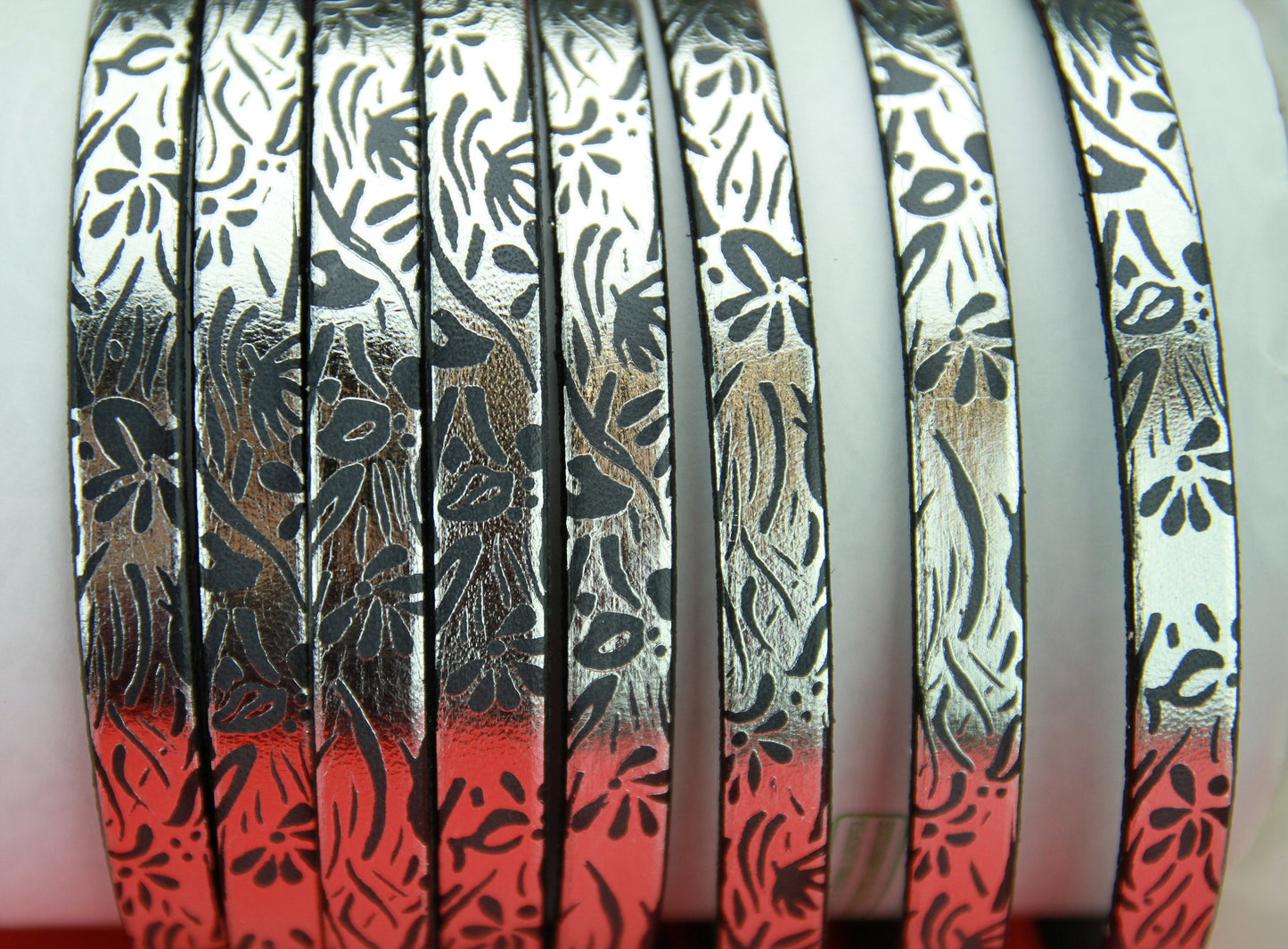 MADE in SPAIN 24" flat leather cord, silver engraved leather cord with floral pattern (510/10)