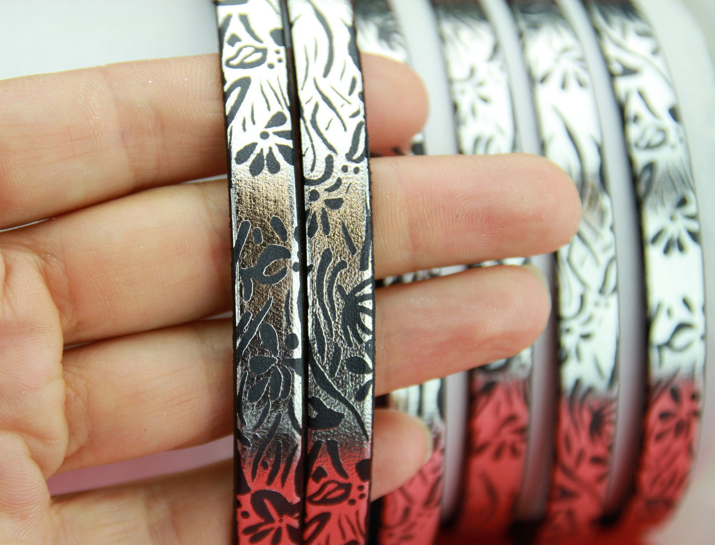 MADE in SPAIN 24" flat leather cord, silver engraved leather cord with floral pattern (510/10)