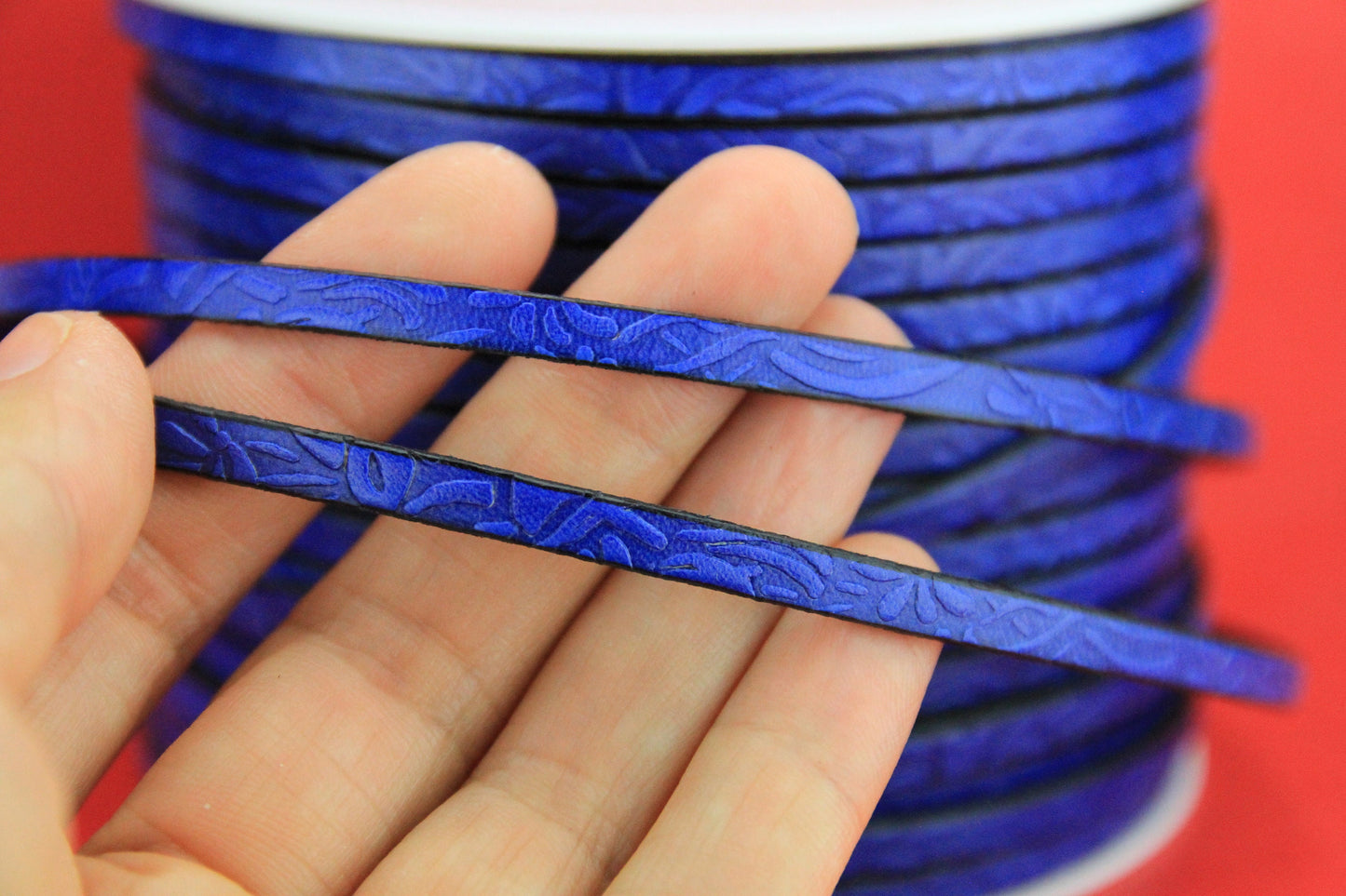 MADE in EUROPE 24'' flat 5mm engraved leather cord, 5mm flat leather cord, 5mm floral embossed leather cord(509/05/28)