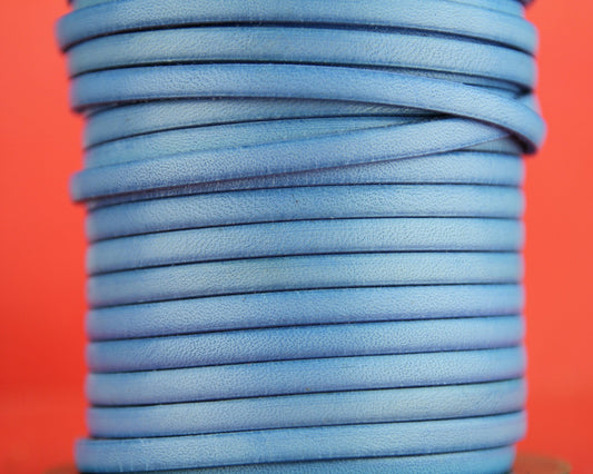 MADE in EUROPE 1 yard of 5mm flat leather cord, genuine leather 5mm strip, sky blue flat leather cord (MARF5BJ)