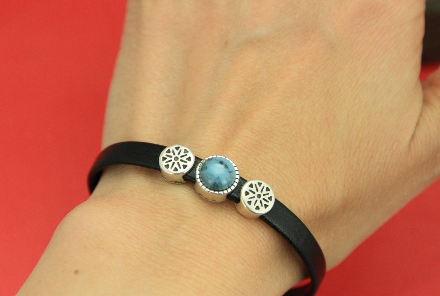 FS0349>>MADE in EUROPE 2 zamak sliders for 6mm cord, turquoise cabochon round slider qty2