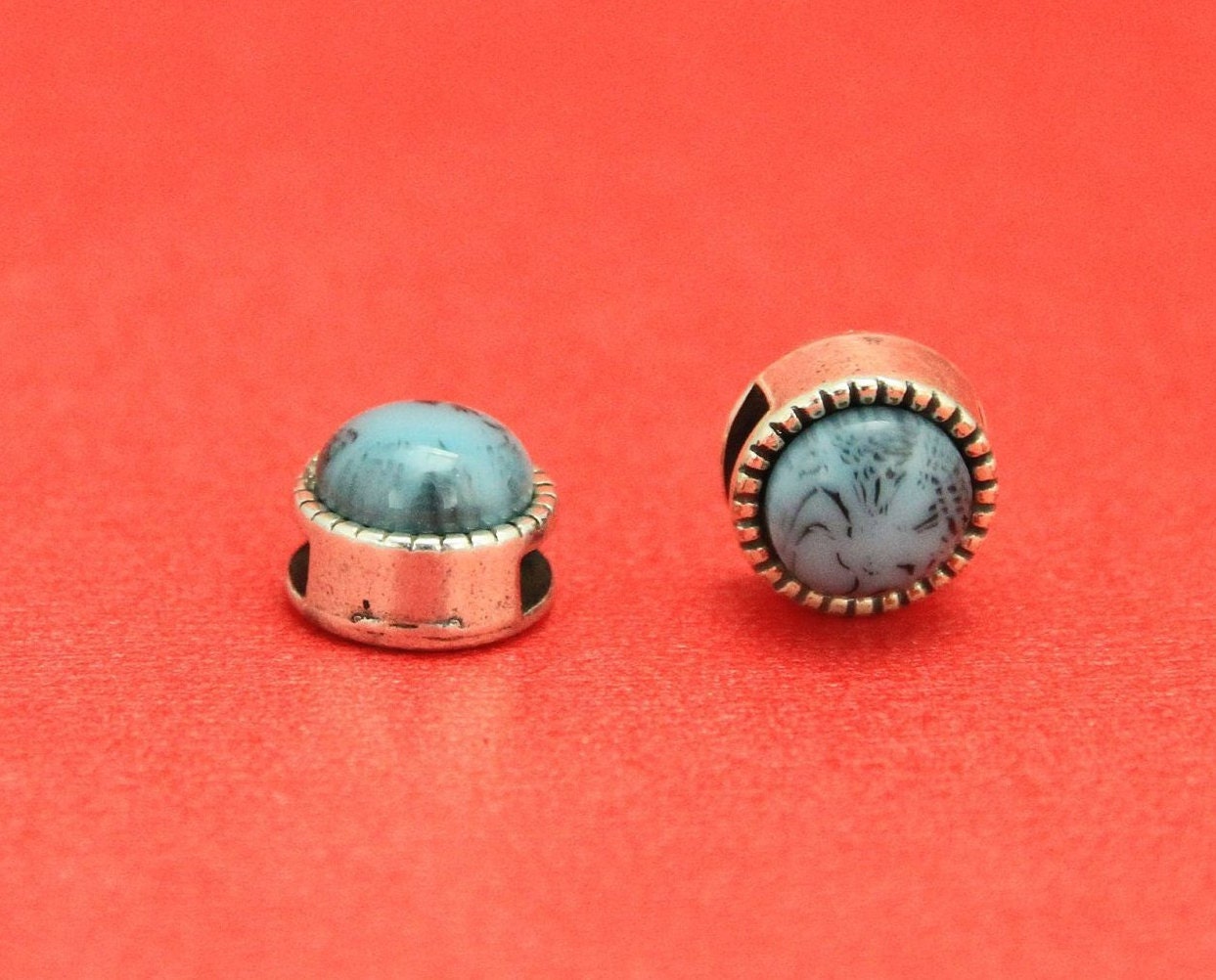 FS0349>>MADE in EUROPE 2 zamak sliders for 6mm cord, turquoise cabochon round slider qty2