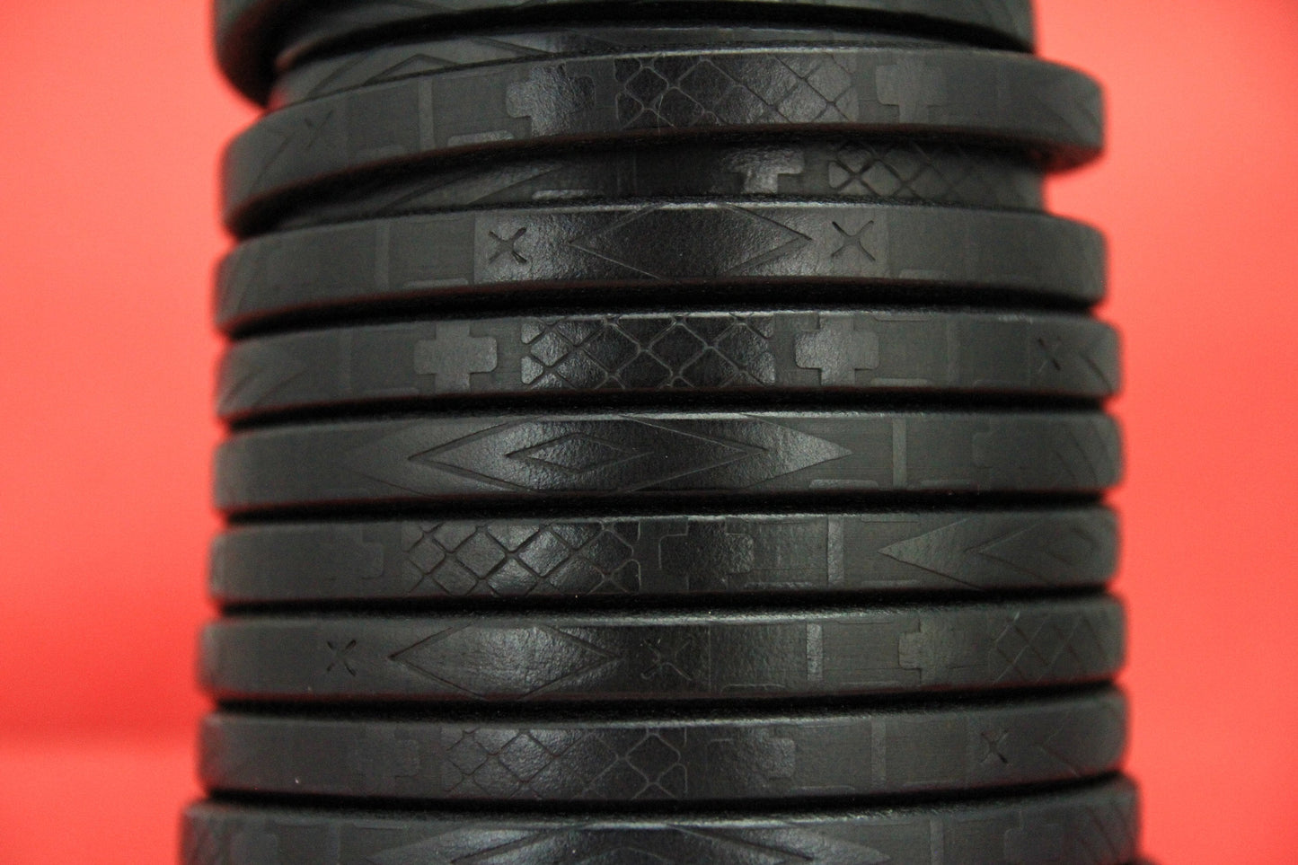 MADE IN SPAIN 8" licorice leather cord, 10x6.6mm geometric pattern licorice cord, embossed black licorice cord (697/10/01)