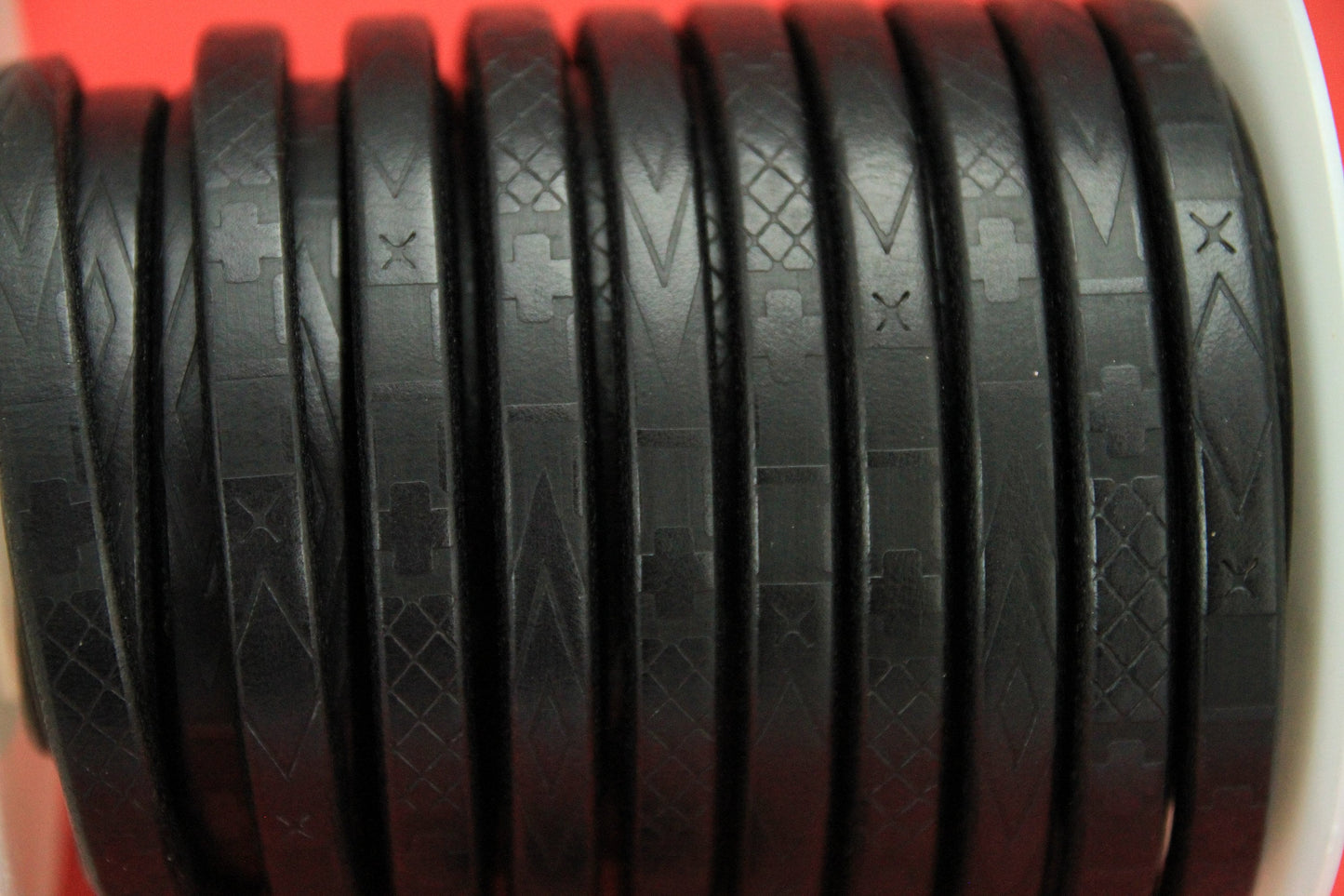 MADE IN SPAIN 8" licorice leather cord, 10x6.6mm geometric pattern licorice cord, embossed black licorice cord (697/10/01)