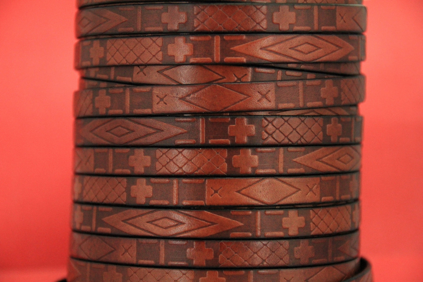 MADE in EUROPE 24" flat leather cord, geometric pattern embossed 10mm tobacco leather cord, genuine leather cord (705/10/26)