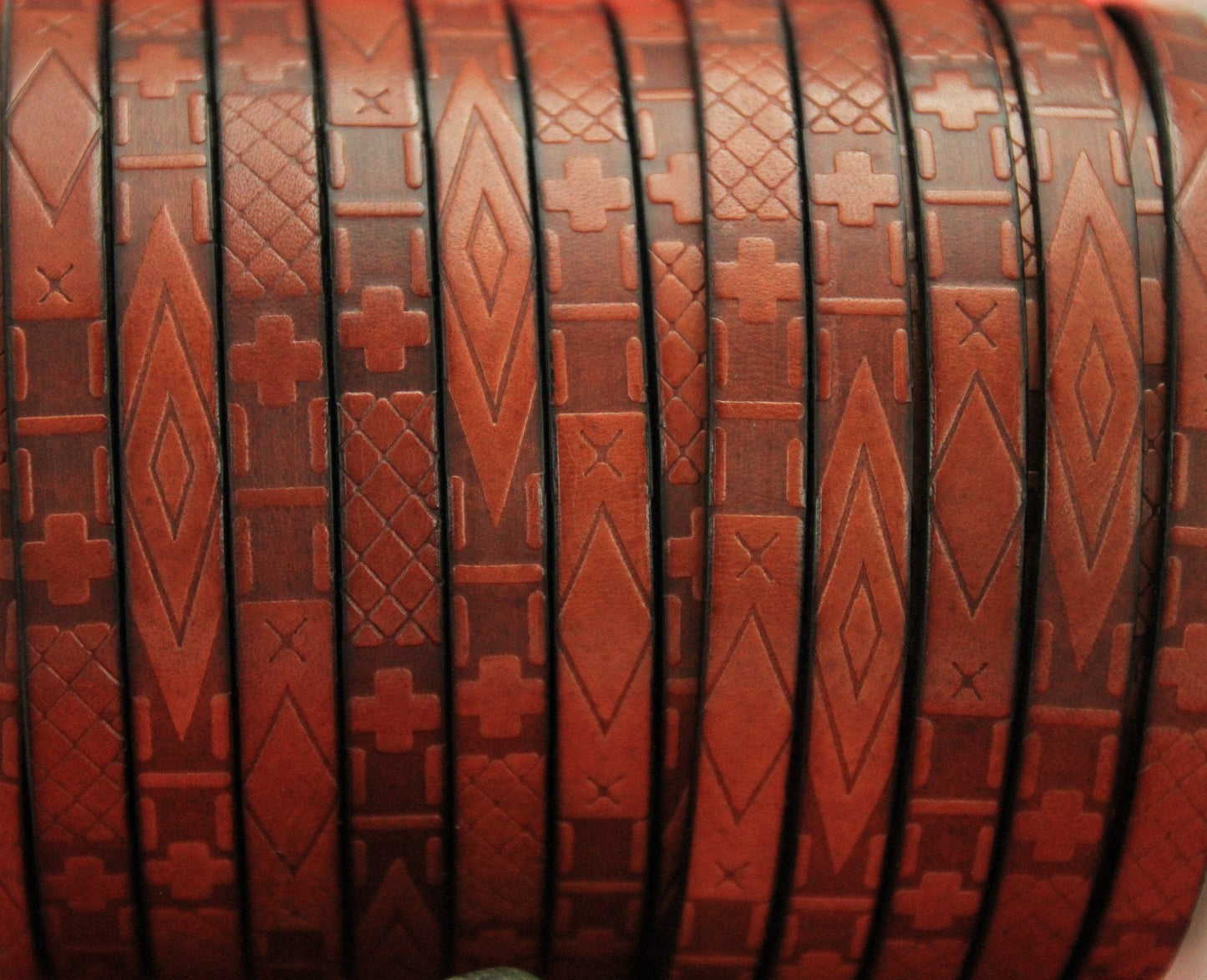 MADE in EUROPE 24" flat leather cord, geometric pattern embossed 10mm tobacco leather cord, genuine leather cord (705/10/26)