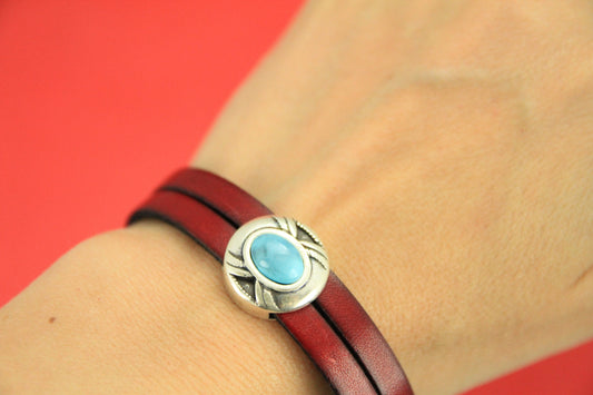 FS0377 >>MADE in EUROPE 2 zamak turquoise sliders, 13mm leather cord turquoise slider, zamak turquoise cabochon slider (76308/13zp) Qty2