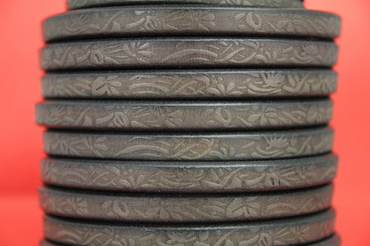 MADE IN SPAIN 8" licorice leather cord, 10x6.6mm floral licorice cord, embossed grey licorice cord (690/10/40)