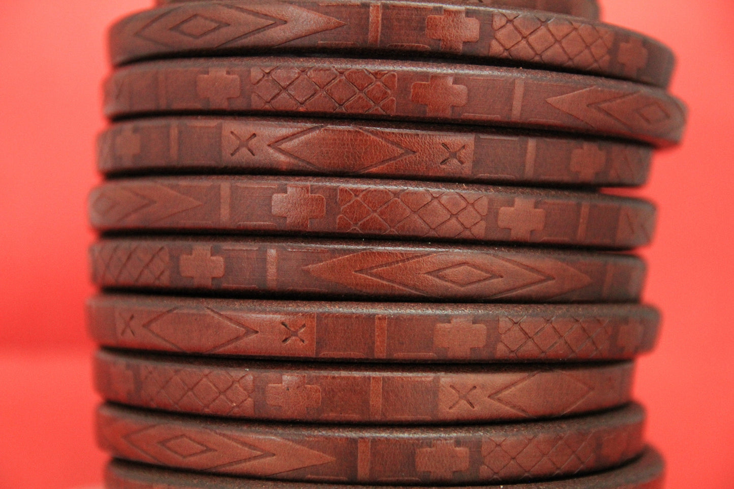 MADE IN SPAIN 8" licorice leather cord, 10x6.6mm geometric pattern licorice cord, embossed tobacco licorice cord (697/10/26)