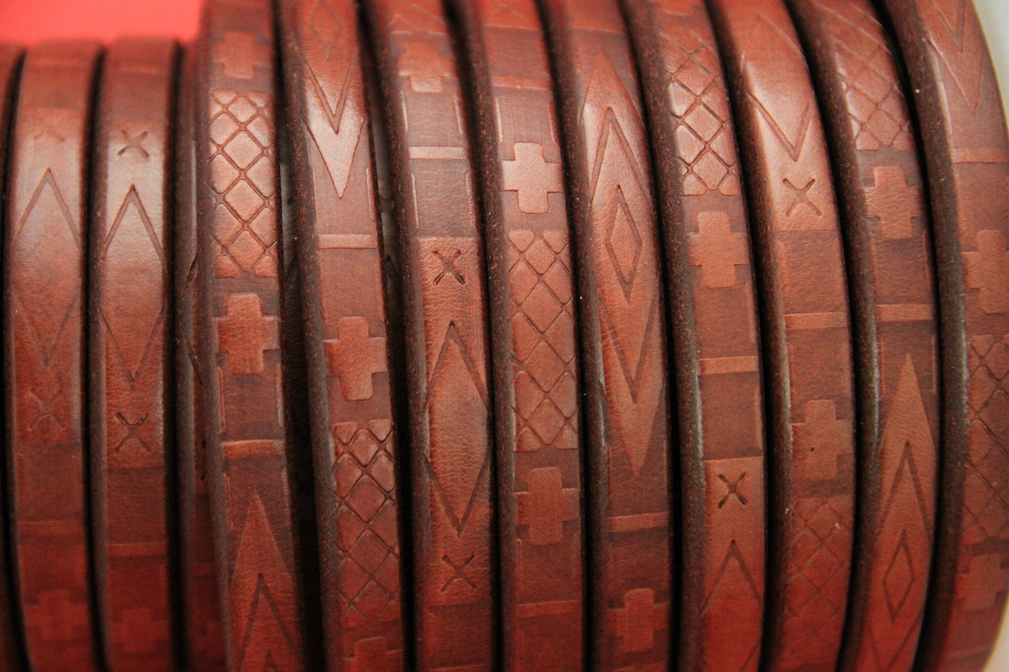 MADE IN SPAIN 8" licorice leather cord, 10x6.6mm geometric pattern licorice cord, embossed tobacco licorice cord (697/10/26)
