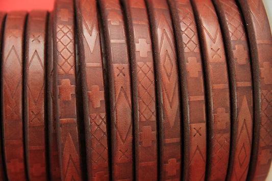 MADE IN SPAIN 8" licorice leather cord, 10x6.6mm geometric pattern licorice cord, embossed tobacco licorice cord (697/10/26)