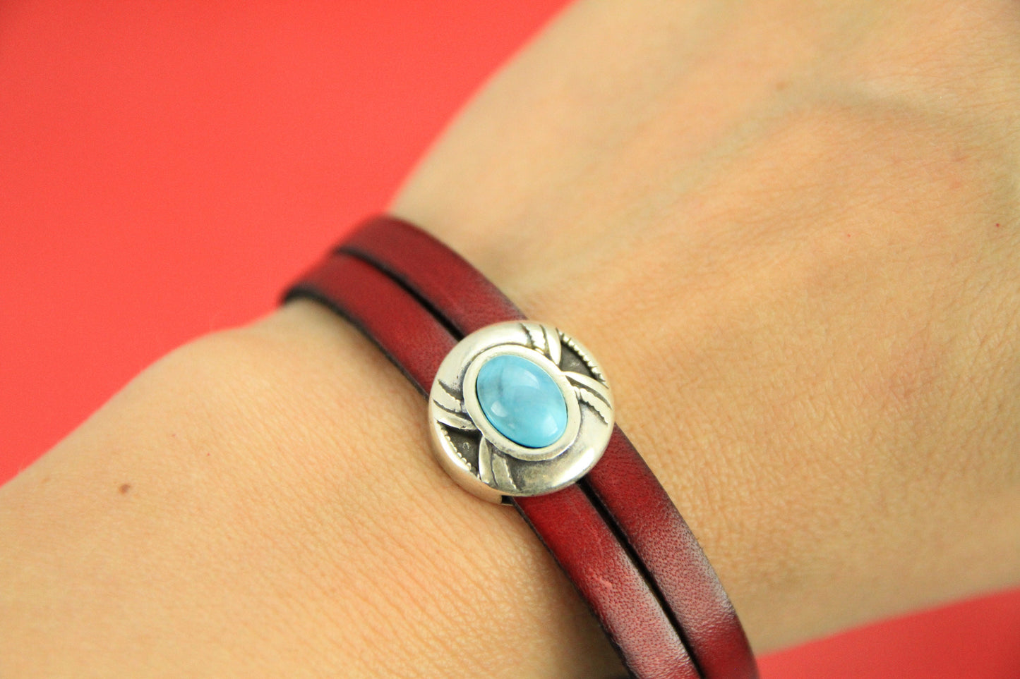 FS0377 >>MADE in EUROPE 2 zamak sliders, 13mm leather cord turquoise slider, zamak turquoise cabochon slider Qty2