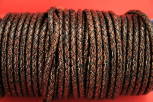 MADE IN SPAIN 24"  5mm braided leather cord, 5mm distress brown color braided leather cord
