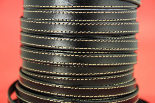 MADE IN SPAIN 24" flat stitched leather cord, black 10mm flat leather cord, 10mm stitched leather cord (240/10/01)