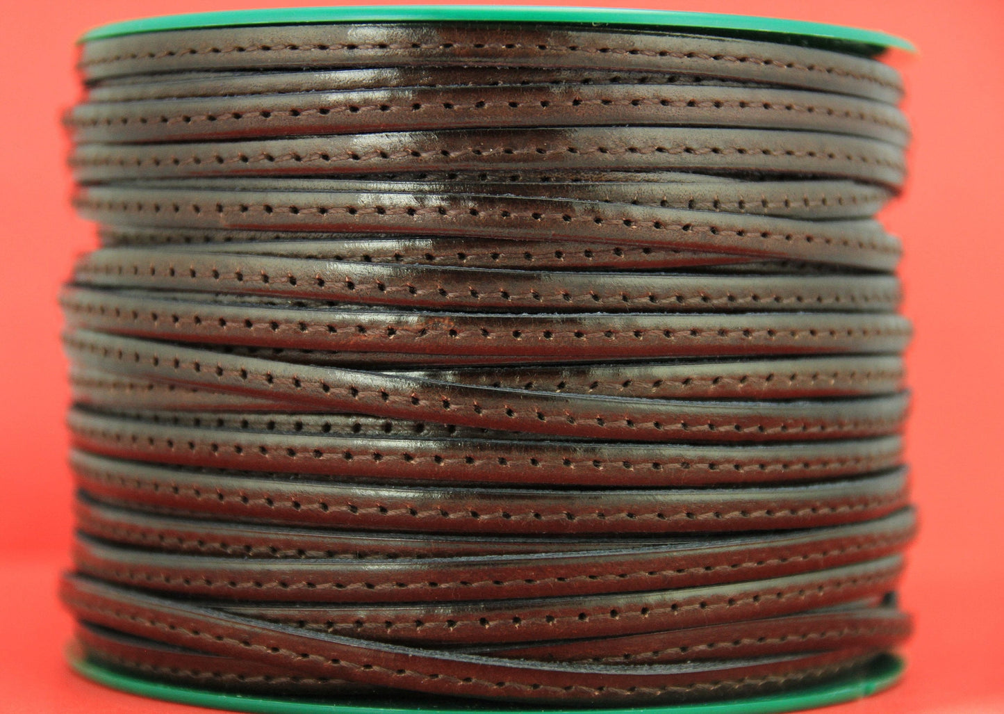 MADE in EUROPE 1 yard of 5mm brown stitched leather cord, genuine leather 5mm stitched strip, brown flat leather cord (MARF5BRNATST)