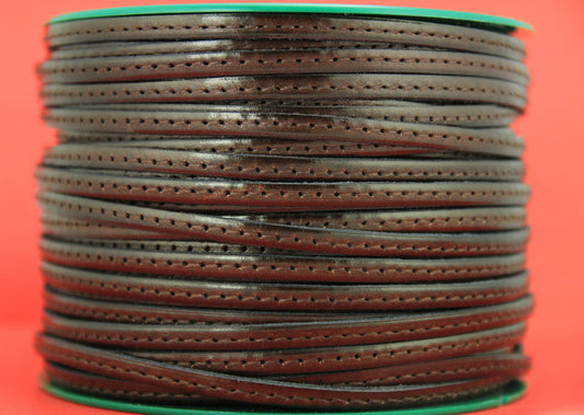 MADE in EUROPE 1 yard of 5mm brown stitched leather cord, genuine leather 5mm stitched strip, brown flat leather cord (MARF5BRNATST)