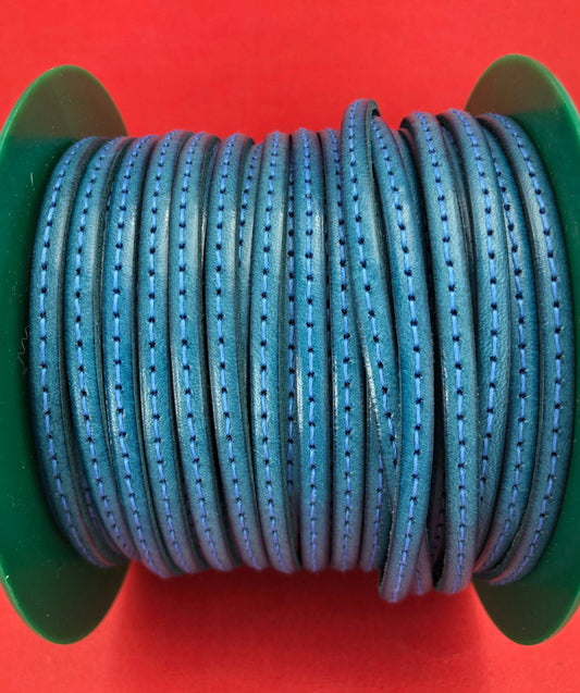 MADE in EUROPE 1 yard of 5mm flat stitched leather cord, 5mm turquoise-teal stitched leather cord, (MARF5AZTURST)