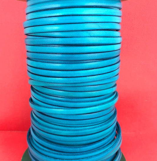 MADE in EUROPE 1 yard of 5mm flat leather cord, genuine leather 5mm strip, turquoise flat leather cord (MARF5TURINT)