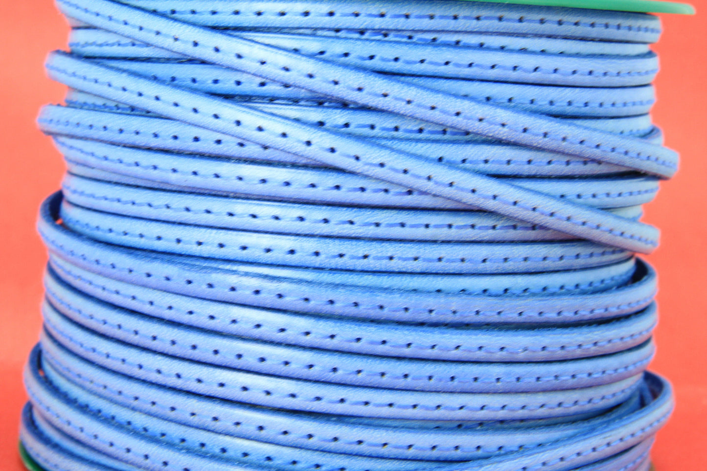 MADE in EUROPE 1 yard of 5mm flat stitched leather cord, genuine leather 5mm stitched strip, light blue flat leather cord (MARF5BJST)