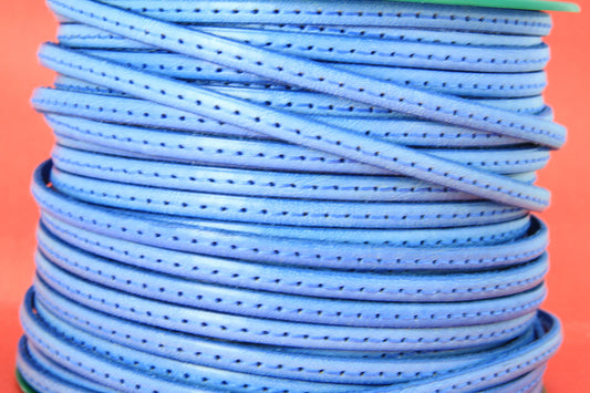 MADE in EUROPE 1 yard of 5mm flat stitched leather cord, genuine leather 5mm stitched strip, light blue flat leather cord (MARF5BJST)