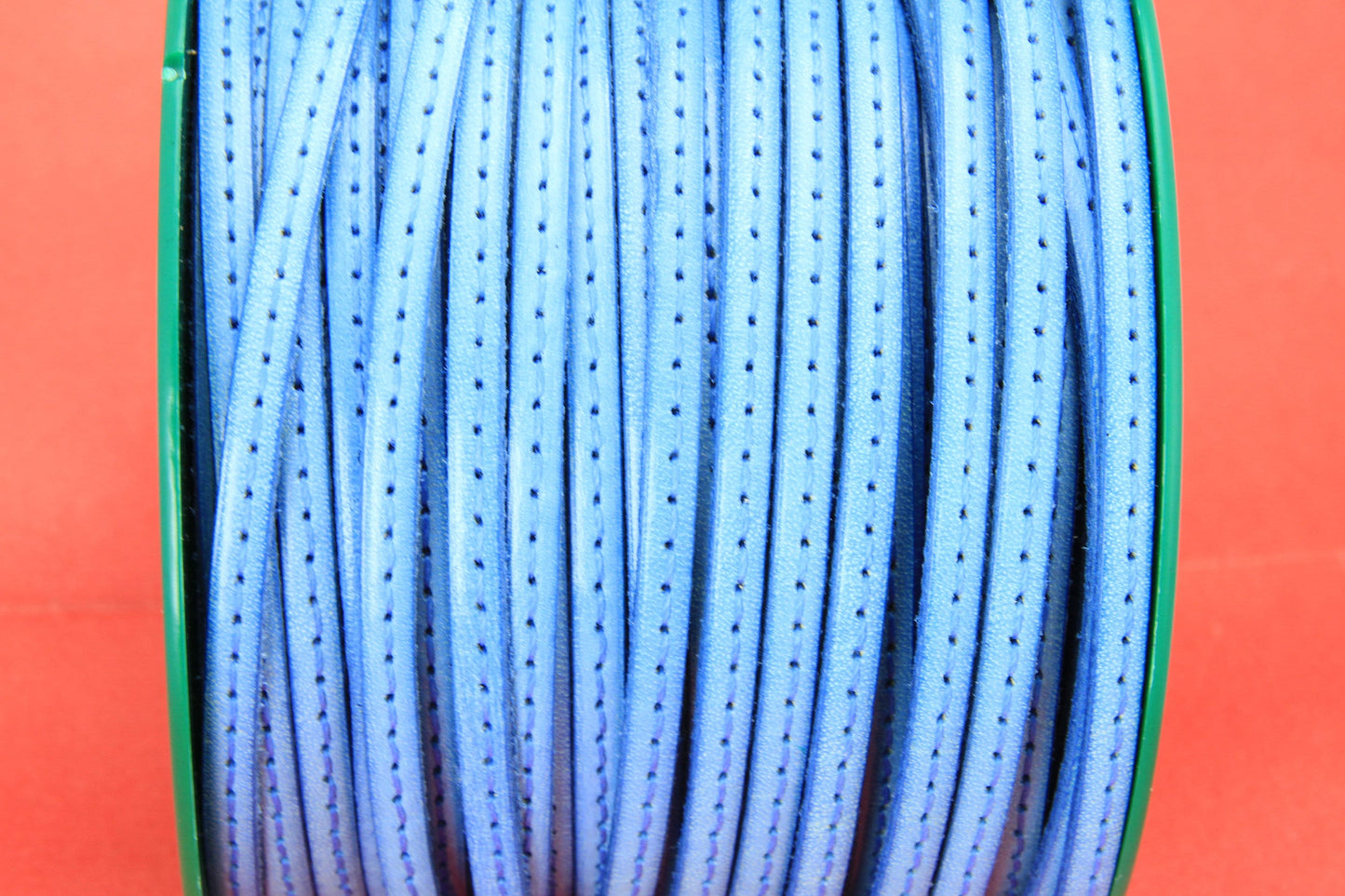 MADE in EUROPE 1 yard of 5mm flat stitched leather cord, genuine leather 5mm stitched strip, light blue flat leather cord (MARF5BJST)