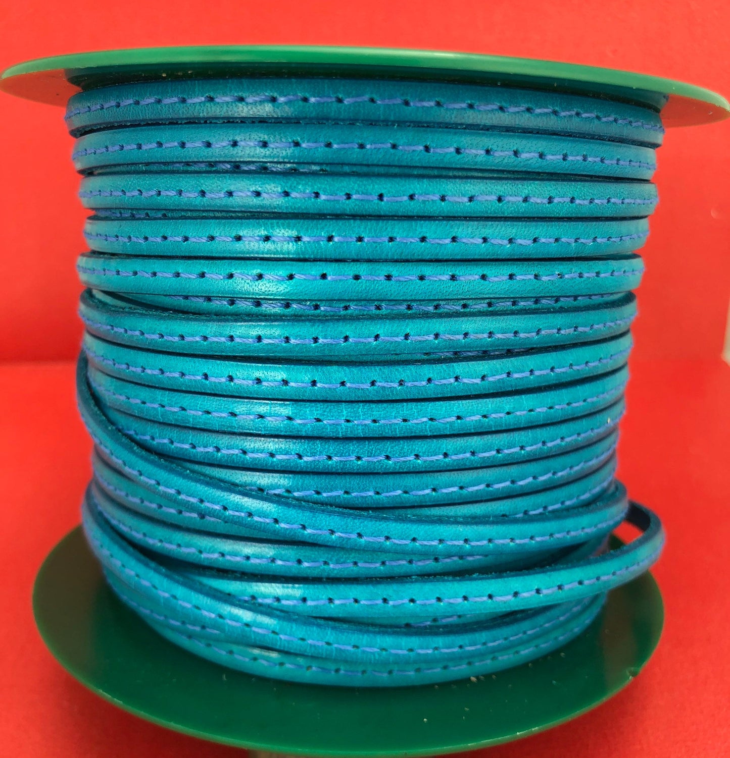 MADE in EUROPE 1 yard of 5mm flat stitched leather cord, 5mm turquoise stitched leather cord, (MARF5TURINTST)